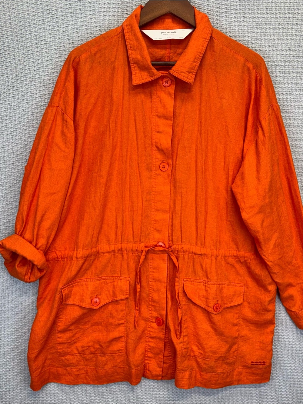 Peace Love World Boheme Linen Blend Oversized Short Sleeve Blouse Orange Med
